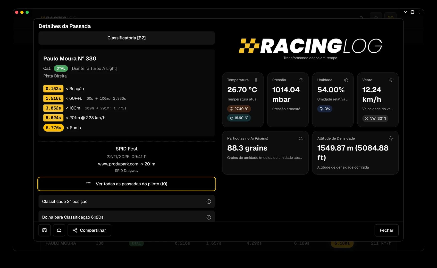 RacingLog showing reaction time, split times, speed, and weather for a run